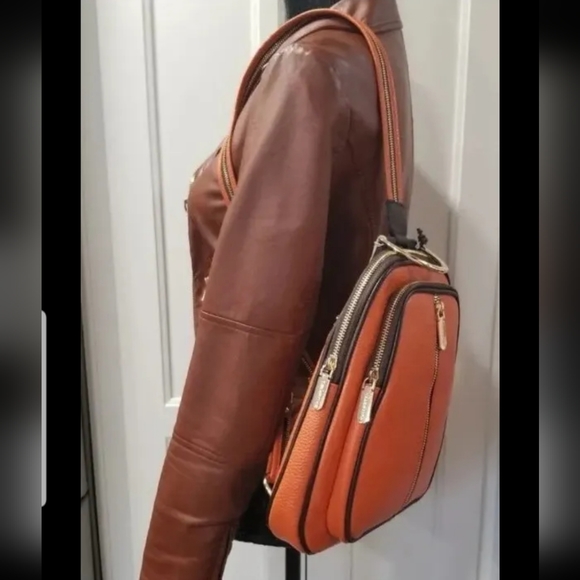 NWT! Valentina Italian Pebbled Leather Orange Backpack Sling/Shoulder Bag - Picture 11 of 14